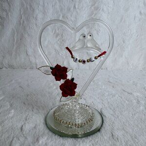 Heart-Shaped Glass Figurine Love Birds Red Roses & "I ❤️ U" Beads By Glass Baron